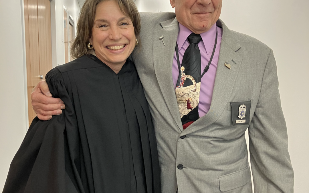 Bob Catina, an original participant in the LEAP-Pleasant Valley School District partnership in 1985, still is engaged in civics having served many years now as a Court Tipstaff in Monroe County after retiring from 47 years as the Pleasant Valley High School Business Law teacher. Bob is here pictured with Monroe County President Judge Margherita Patti-Worthington at the conclusion of a double homicide trial in January 2024 which marked the opening of new courtrooms from a massive multi-million dollar expansion to add space and improve court proceedings. Catina credits his work with LEAP, which continues to today as he still scores mock trials in the statewide program, as the highlight of his professional career!