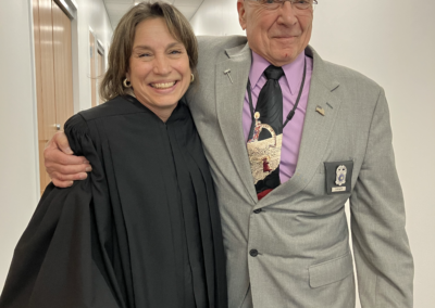 Bob Catina, an original participant in the LEAP-Pleasant Valley School District partnership in 1985, still is engaged in civics having served many years now as a Court Tipstaff in Monroe County after retiring from 47 years as the Pleasant Valley High School Business Law teacher. Bob is here pictured with Monroe County President Judge Margherita Patti-Worthington at the conclusion of a double homicide trial in January 2024 which marked the opening of new courtrooms from a massive multi-million dollar expansion to add space and improve court proceedings. Catina credits his work with LEAP, which continues to today as he still scores mock trials in the statewide program, as the highlight of his professional career!