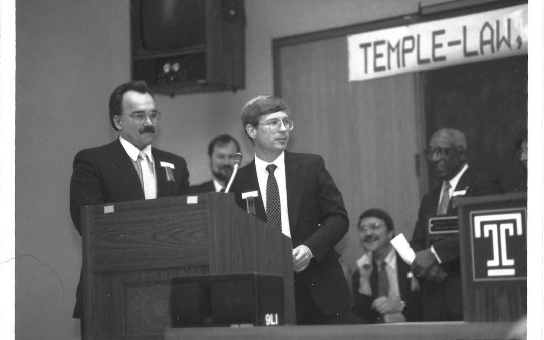 Pleasant Valley educators Bob Catina (front left) and the late Eric Schneider at a LEAP event sometime in the last century at Temple Law School. Check the background for a picture of a young David Trevaskis (far left ), Ed O’Brien (center, the late co-author of Street Law) and Federal Eastern District of Pennsylvania Judge Clifford Scott Green (right, the late Judge was a founding Board member of the program and LEAP’s greatest champion when it started!).