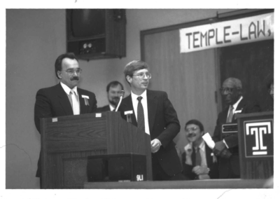 Pleasant Valley educators Bob Catina (front left) and the late Eric Schneider at a LEAP event sometime in the last century at Temple Law School. Check the background for a picture of a young David Trevaskis (far left ), Ed O’Brien (center, the late co-author of Street Law) and Federal Eastern District of Pennsylvania Judge Clifford Scott Green (right, the late Judge was a founding Board member of the program and LEAP’s greatest champion when it started!).